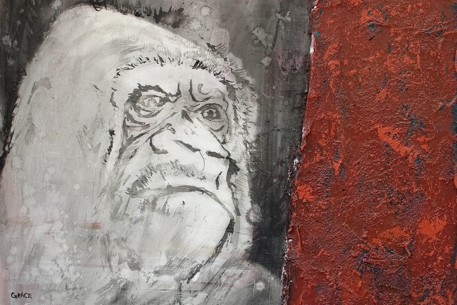 Expressive grayscale portrait of a great ape against a textured red panel, painted in acrylic.