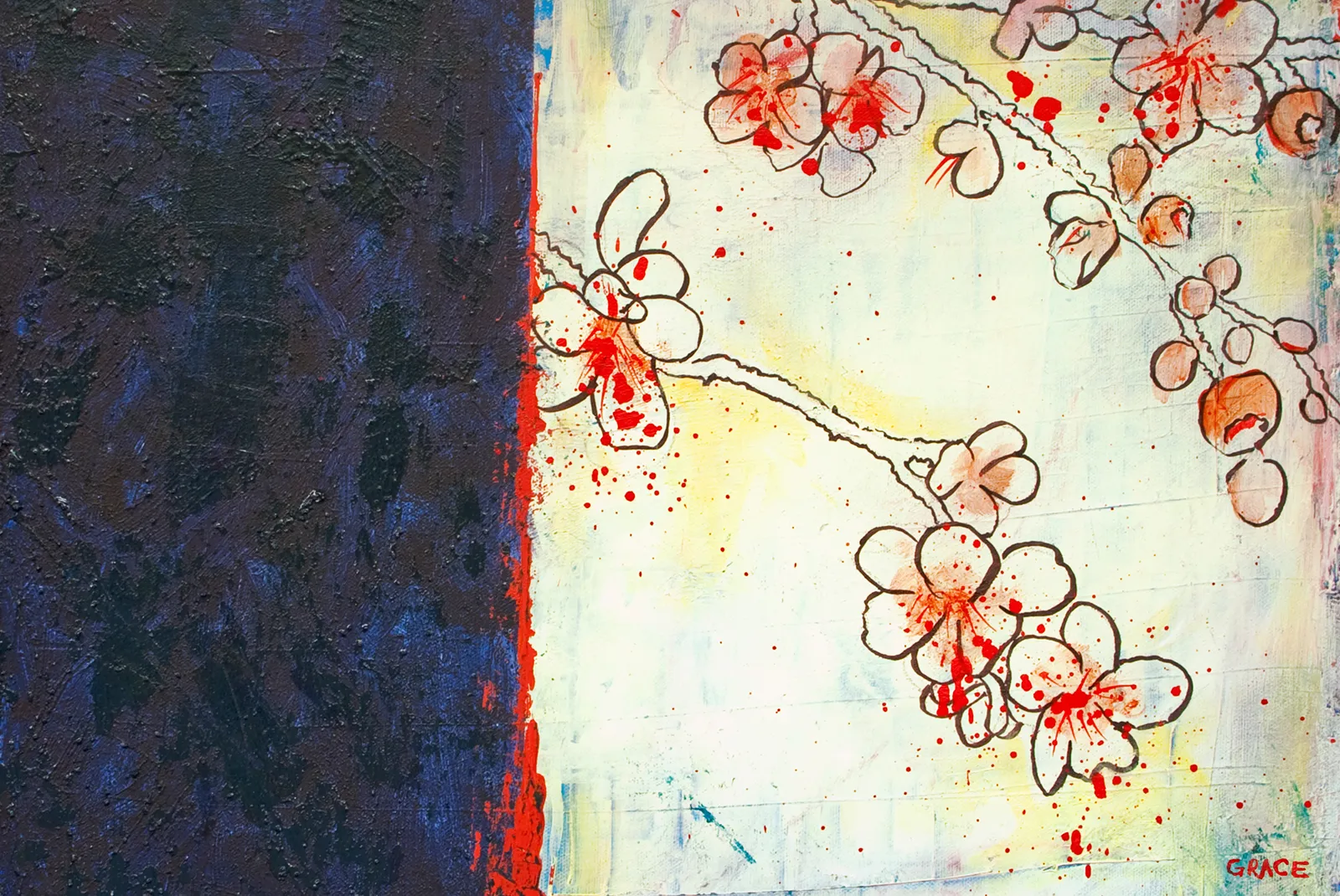 Delicate cherry blossom branches in peach tones across a pale ground, flanked by a dark blue textured panel and splashed with red paint.