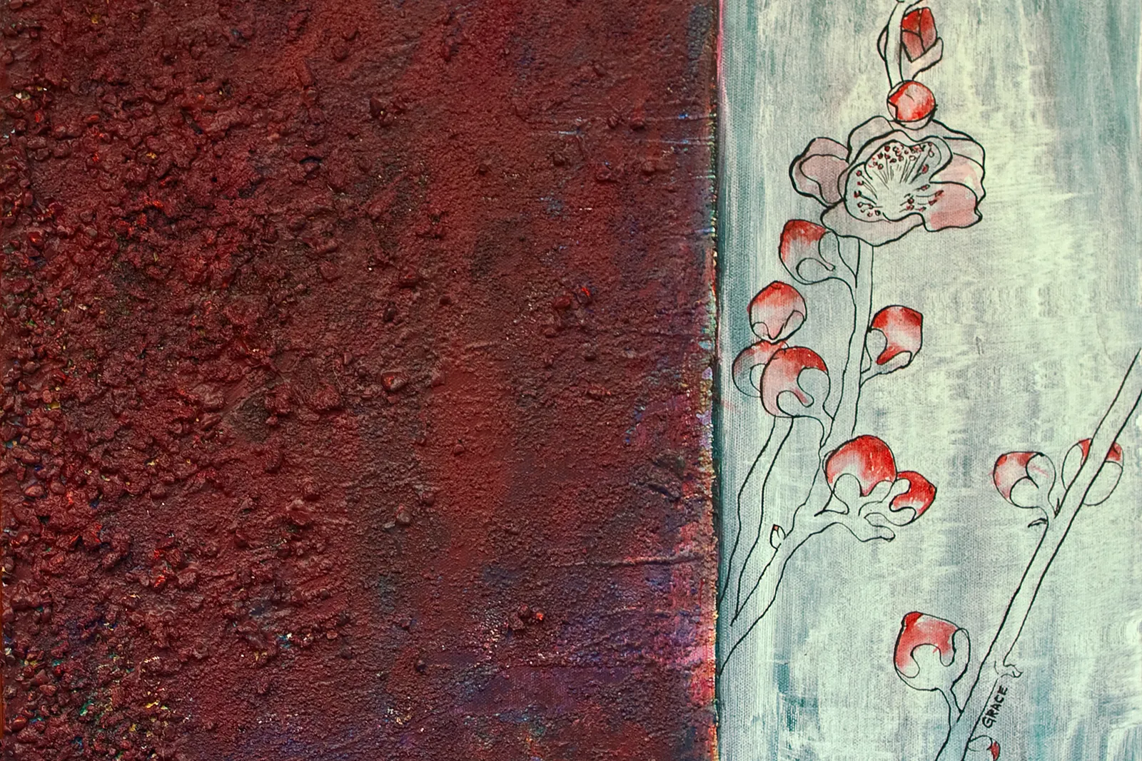 Red-orange quince blossoms on a slender branch against pale blue, paired with a rough textured maroon panel to the left.
