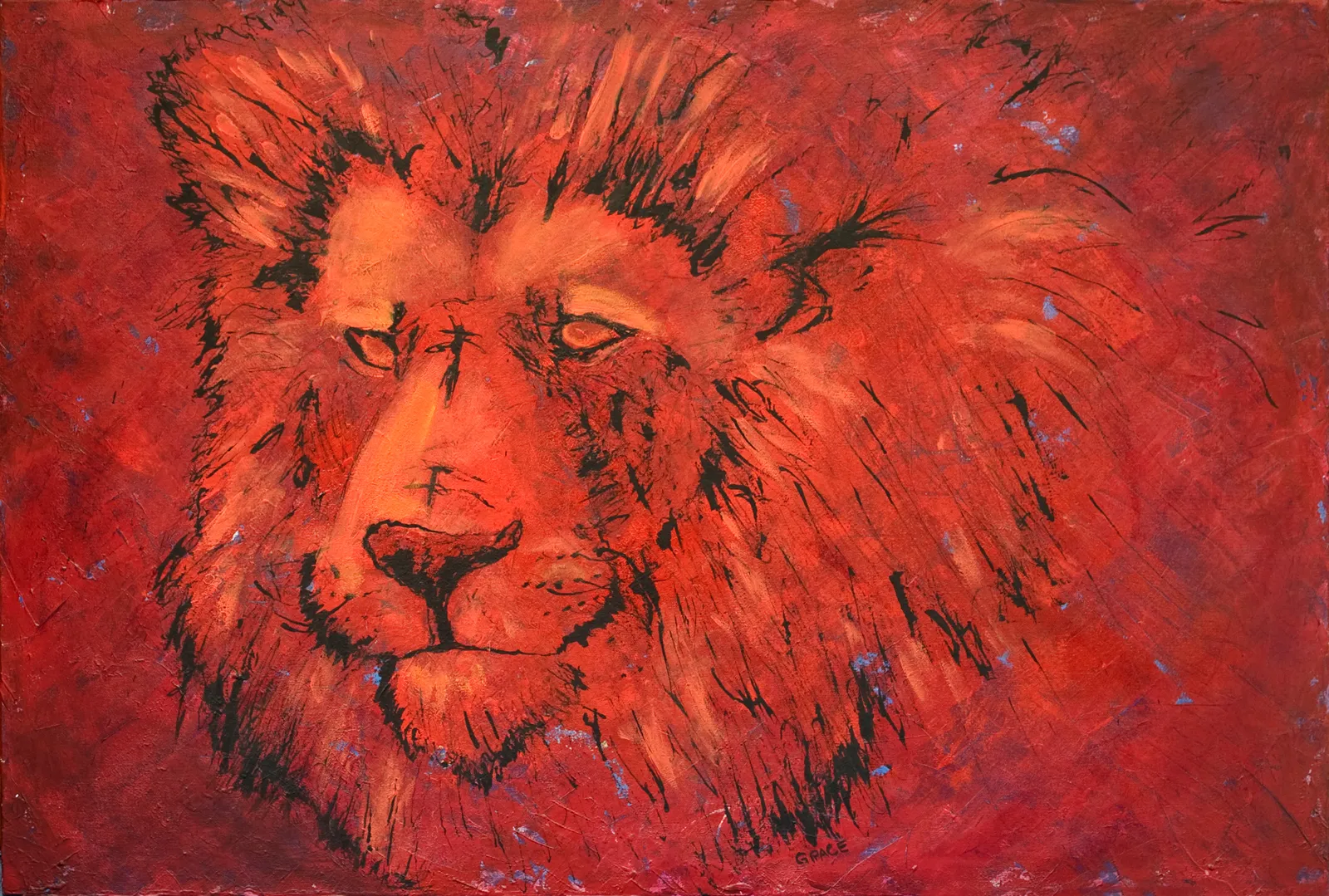 Bold red-orange lion's head in loose, expressive brushwork against a deep red ground.