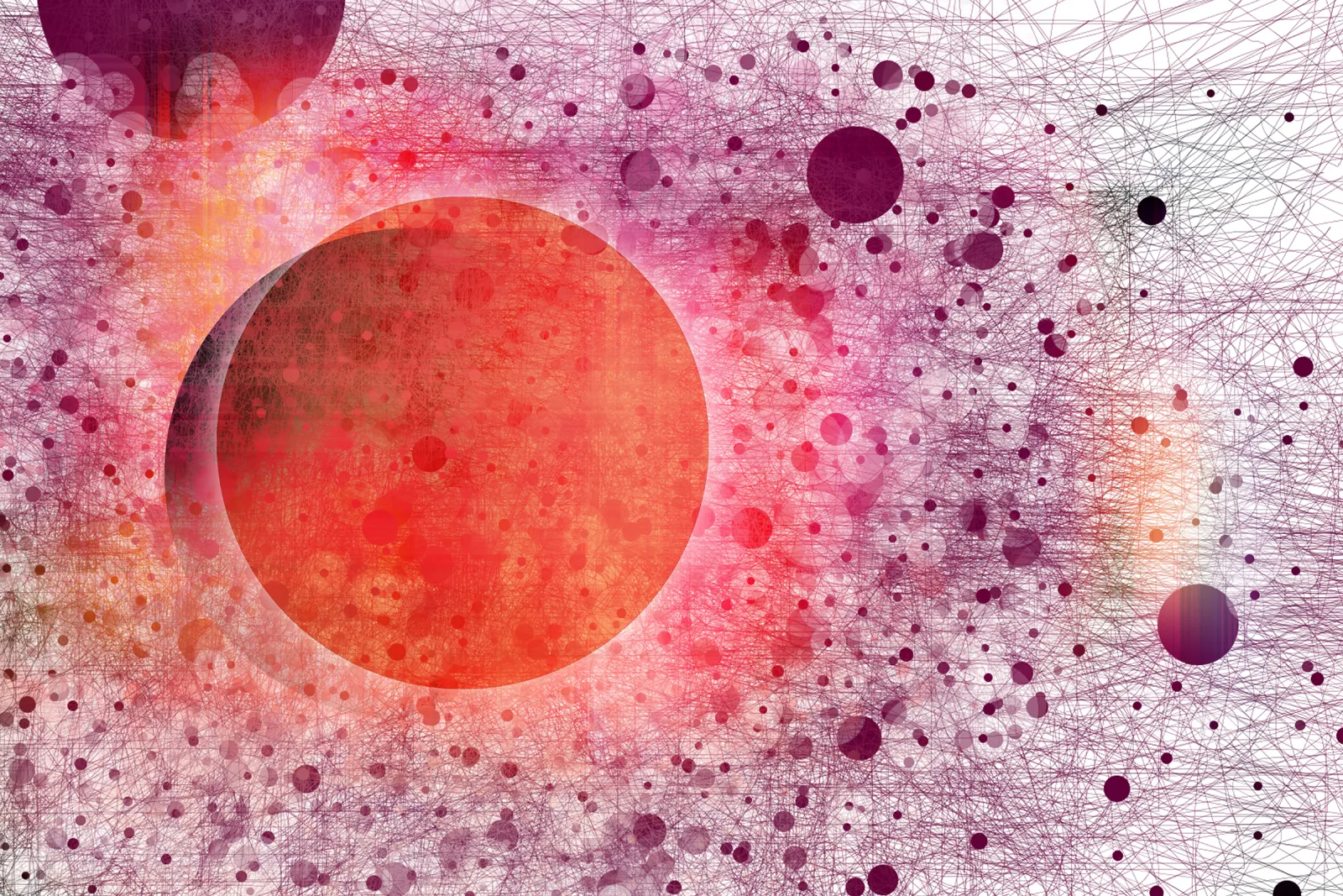 Generative digital composition of a red-orange orb surrounded by scattered dots and fine linework.