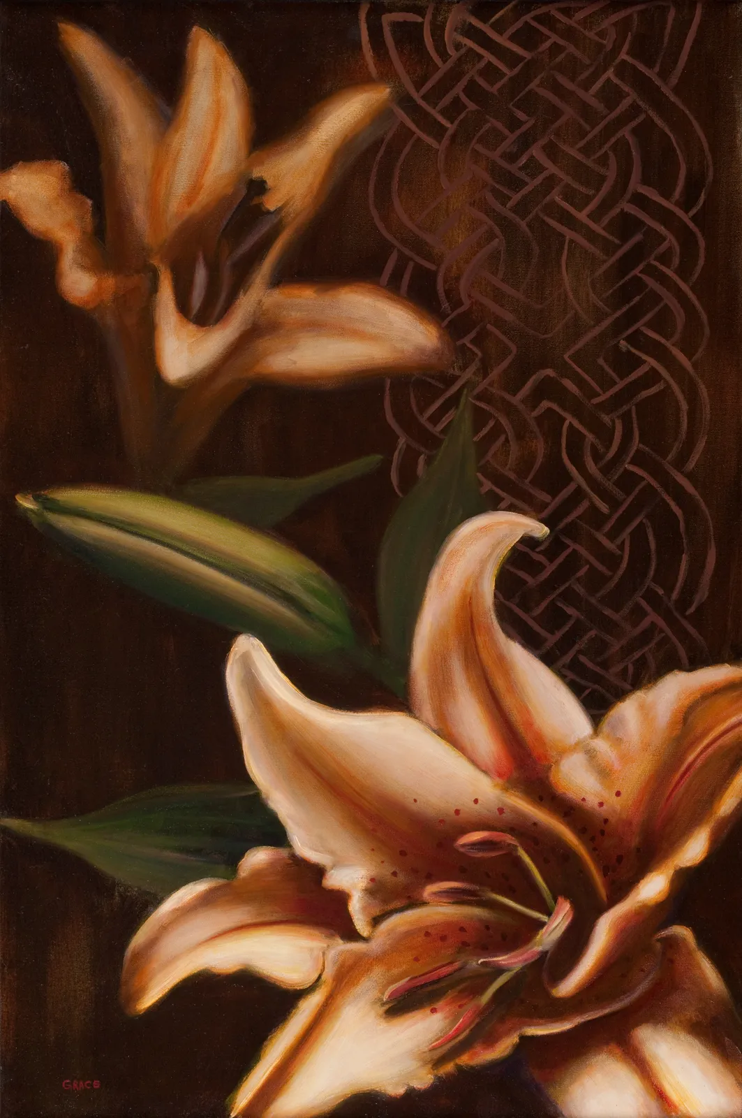 Pair of pale lily blossoms against a dark brown ground beside a carved Celtic-knot panel, painted in oil.