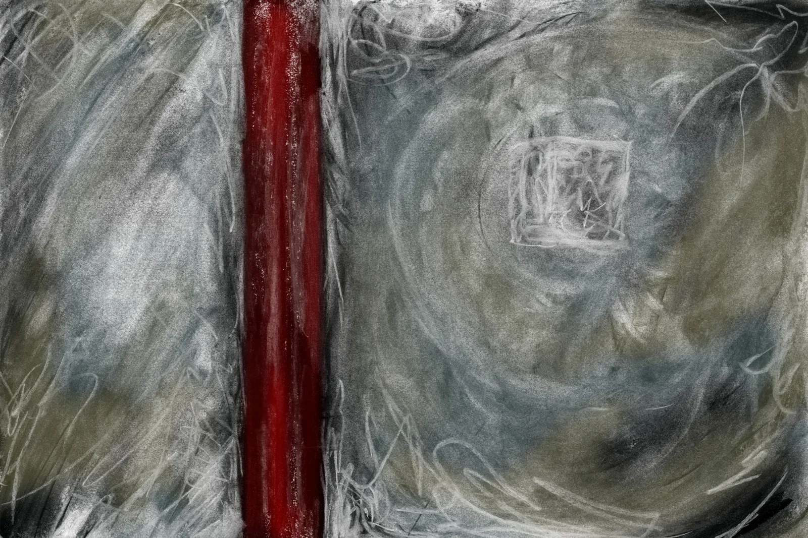 Abstract charcoal-like composition with a vertical blood-red bar cutting through swirling gray and white textures.