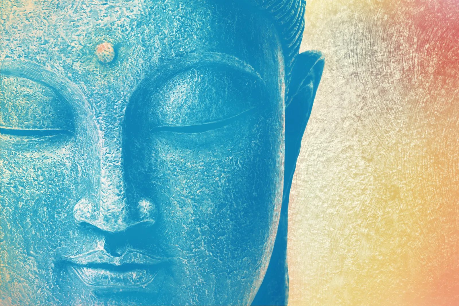 Buddha face in cool blue tones on the left, dissolving into a warm orange and cream gradient on the right.