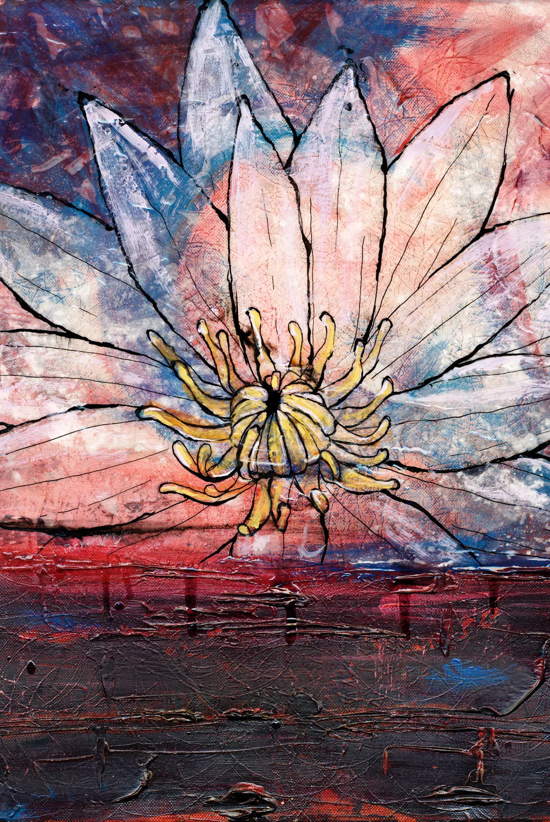A pale lotus-like blossom lit from within, set against a mottled blue and pink sky above a heavily textured dark red band.