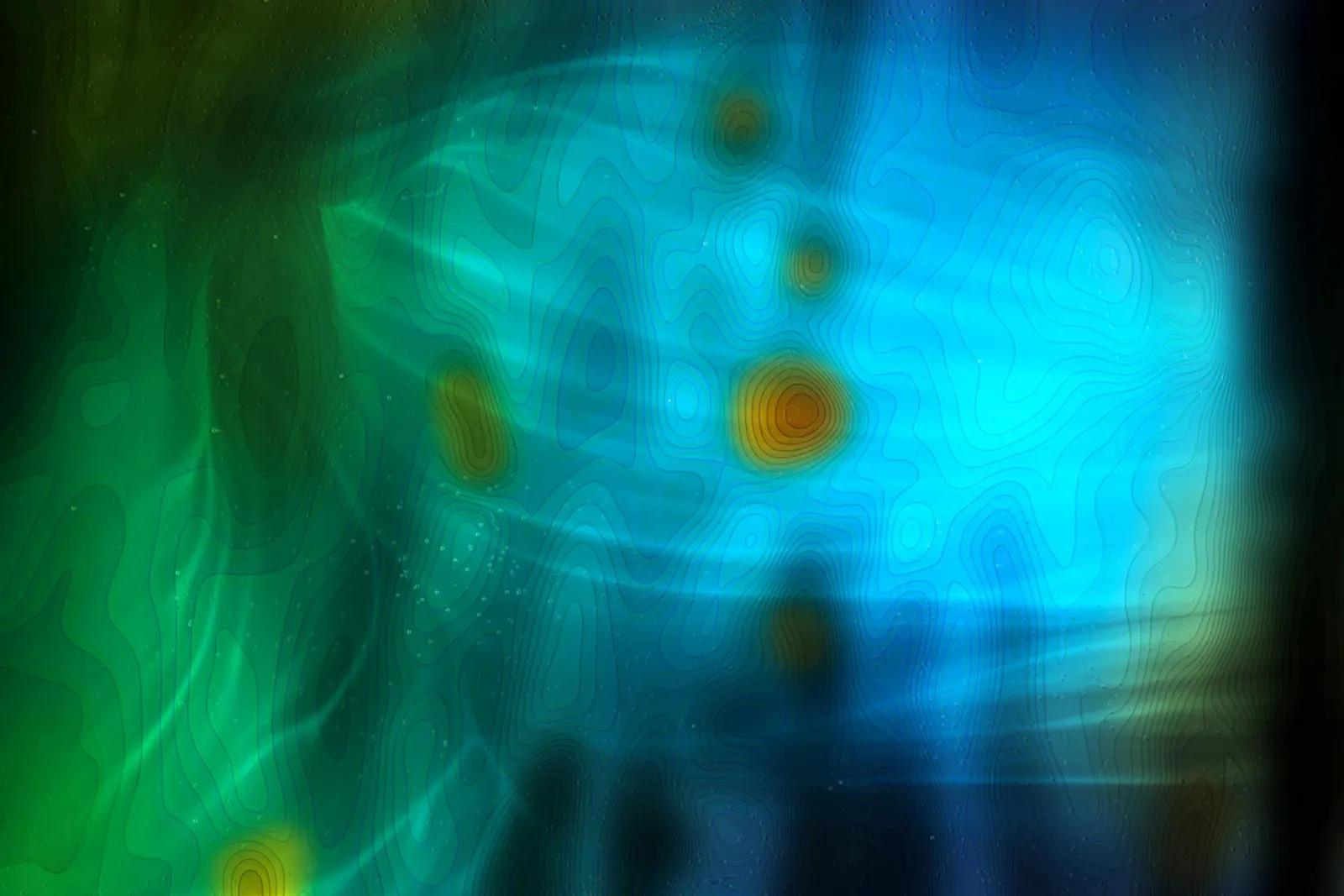 Flowing topographic contour lines in blue and green, with small amber dots scattered like points of heat across the field.