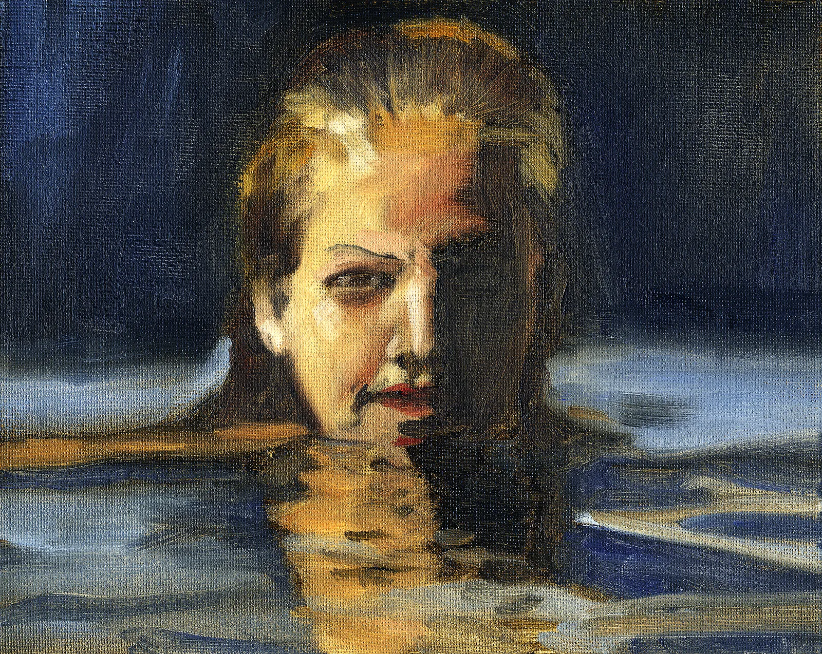 A woman's face emerging from dark water at night, rendered in loose oil strokes with golden reflections below her chin.