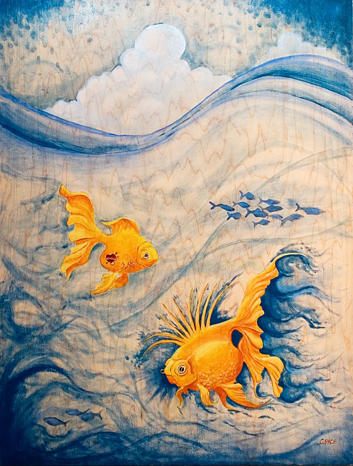 Two ornate goldfish with flowing fins drifting through swirling blue water beneath cloud-like forms.