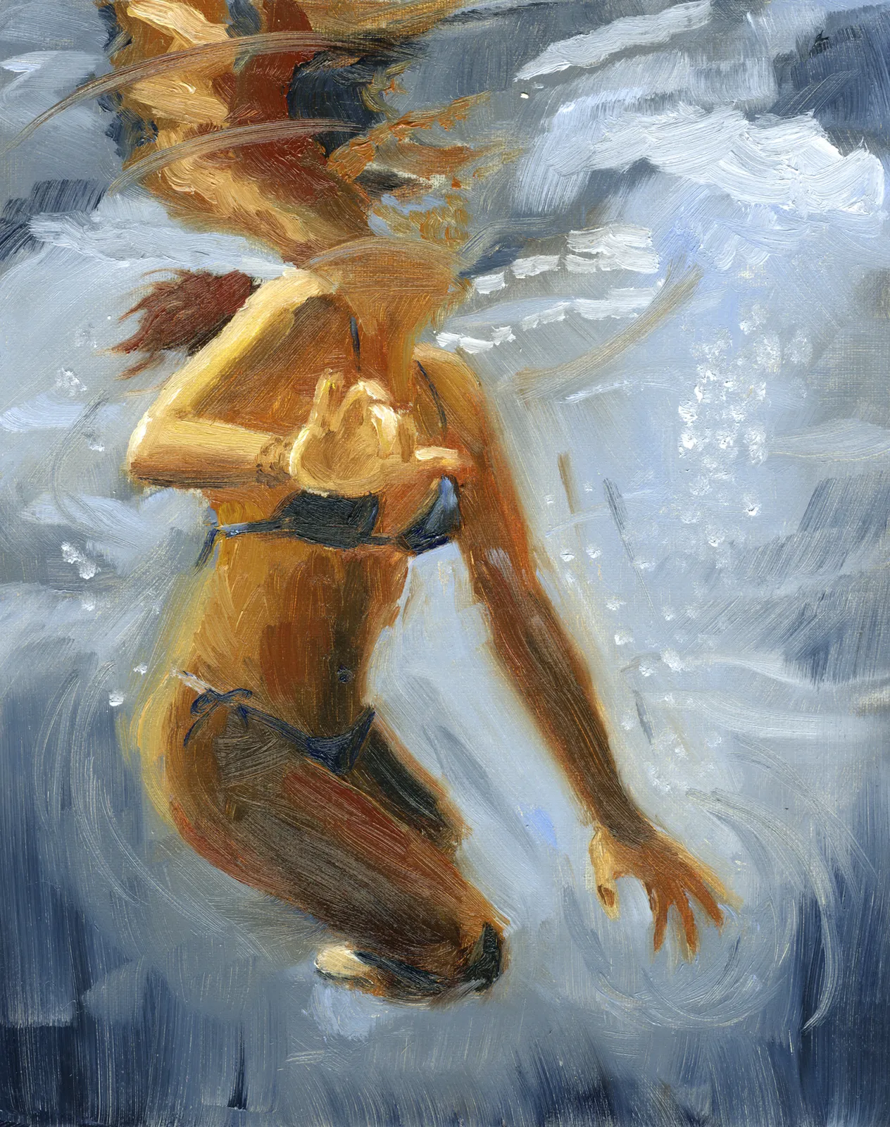 A figure in a dark swimsuit half-submerged in water, face fractured by the rippling surface.