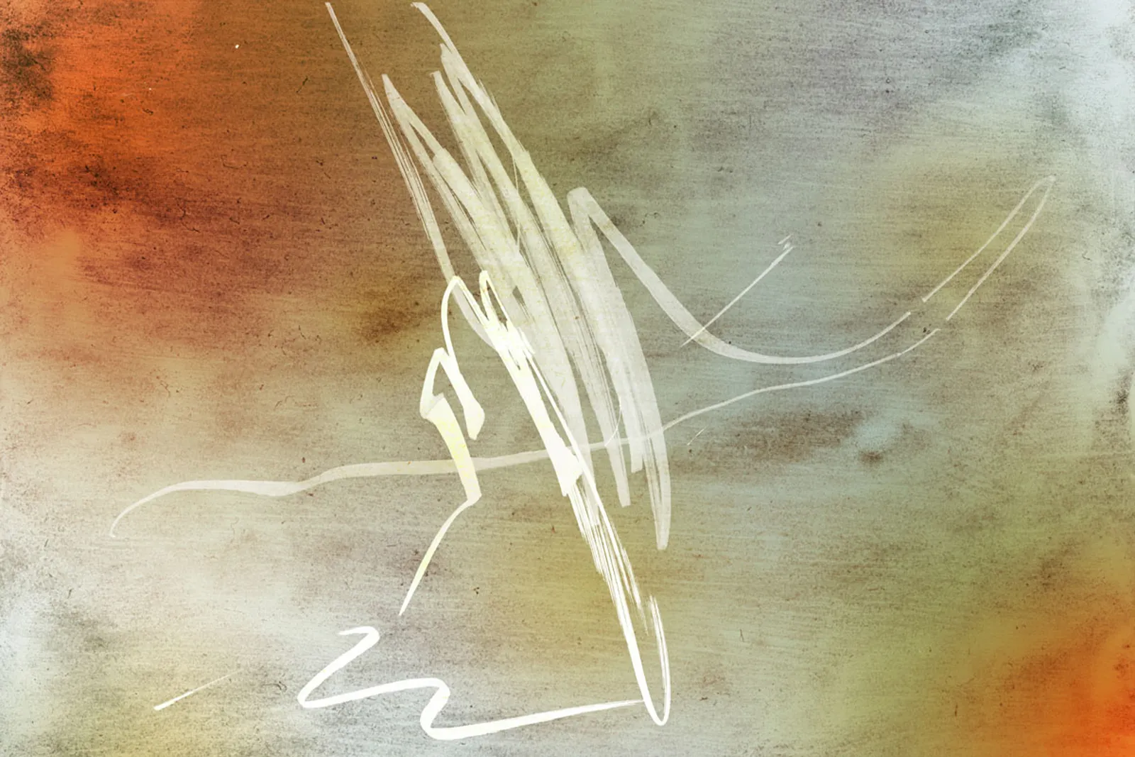 Loose white gestural scribble suggesting a figure or bird, set against a warm earthy red and green textured background.