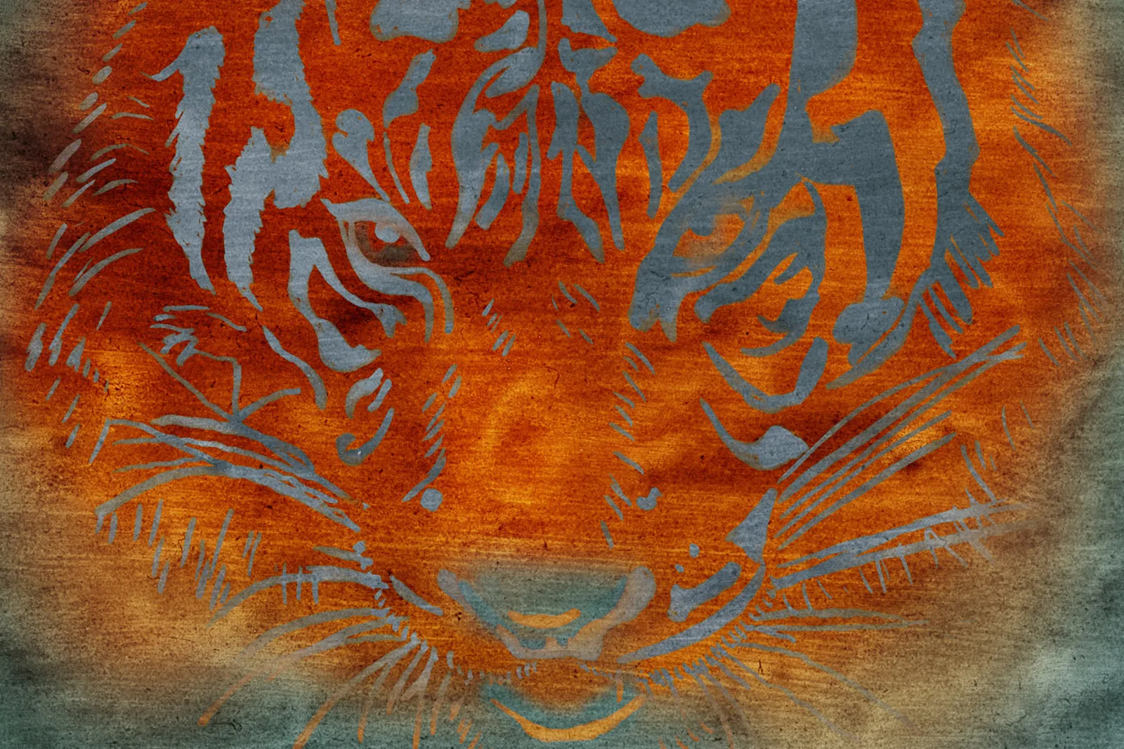 Stylized tiger face in orange and blue-gray stripes with painterly texture, the eyes half-hidden in shadow.